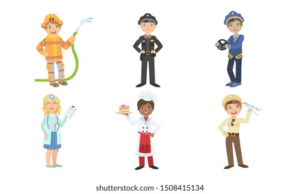 Cute Boys and Girls of Various Professions Set, Fireman, Policeman, Taxi Driver, Doctor, Cook, Pilot Vector Illustration