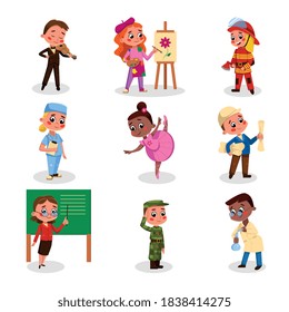 Cute Boys and Girls of Various Professions Set, Kids Hobby or Future Profession Concept Cartoon Style Vector Illustration