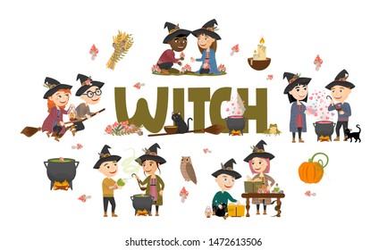 Cute boys and girls witch set. Witches and Witchers in black hats gather mushrooms and herbs, brew potions, fly on a broomstick and make magic. Vector illustration