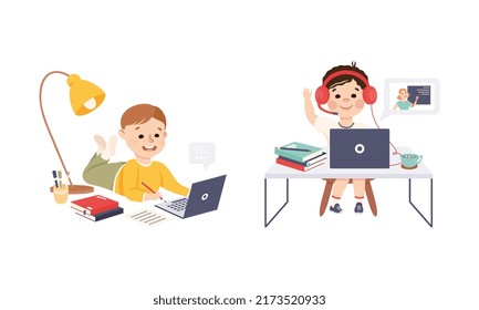 Cute boys learning online using laptop computers. Schoolkids at distance learning, homeschooling, e-learning cartoon vector illustration