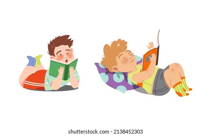 Cute boys lying and reading books set. Preschool activities and childhood education cartoon vector illustration