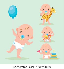 cute boys with pacifier giraffe train and baby shower vector illustration