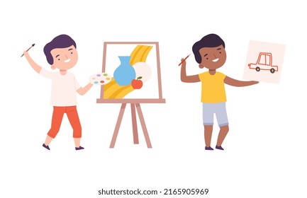 Cute boys painting with brush and paints set cartoon vector illustration