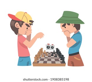 Cute Boys Playing Chess Game, Chess Club, Tournament, Leisure Activity, Logic Game for Brain Development Concept Cartoon Style Vector Illustration