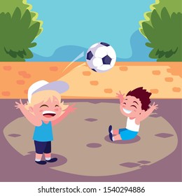 cute boys playing soccer outdoors vector illustration design