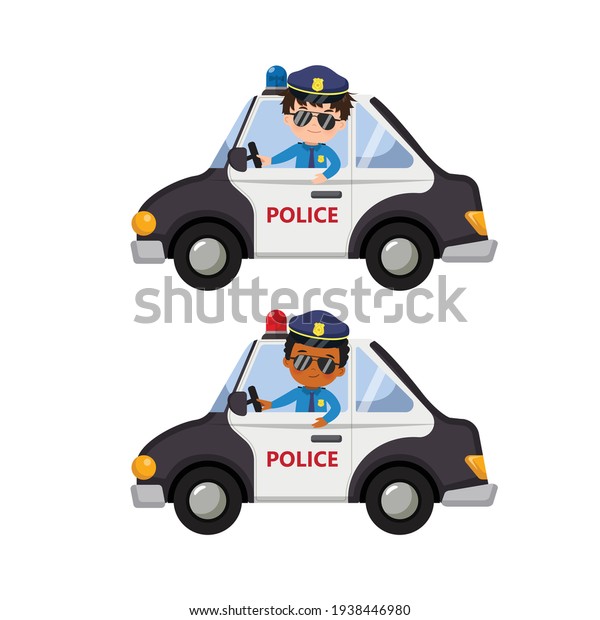 Cute boys in police officer\
uniforms drive police cars, clip art. Flat vector cartoon\
isolated