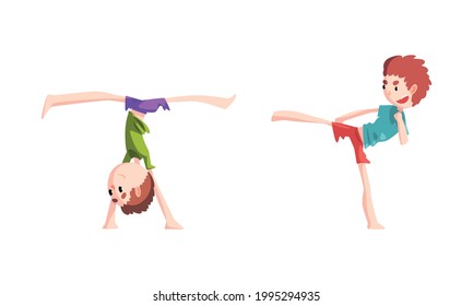 Cute Boys Practicing Capoeira Set, Kid Doing Martial Art Elements Cartoon Vector Illustration