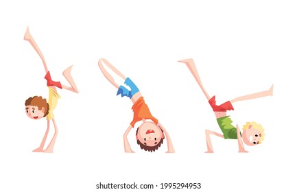 Cute Boys Practicing Martial Arts Set, Kid Standing Upside Down Cartoon Vector Illustration