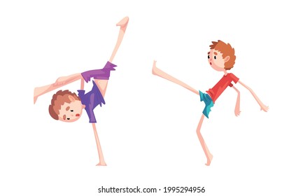 Cute Boys Practicing Martial Arts Set, Kid Doing Capoeira Combat Elements Cartoon Vector Illustration