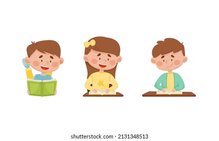 Cute boys reading books in library or in classroom. Elementary school students with books. Kids education cartoon vector illustration