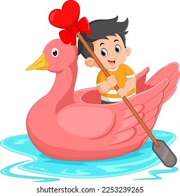 cute boys are rowing on a swan-shaped boat of illustration