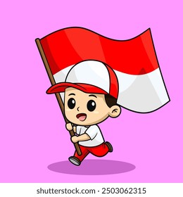 Cute Boys Running with Indonesian Flag Cartoon Ilustration