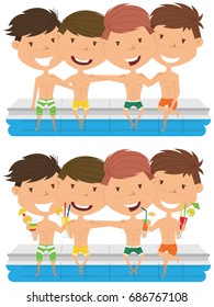Cute boys sit at the edge of the pool and embrace each other. Young teens having fun in outdoor swimming pool. Summer vacation in the resort. 
