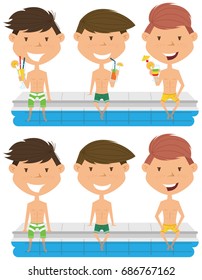Cute boys sit at the edge of the pool with nonalcoholic drinks. Young teens having fun in outdoor swimming pool. Summer vacation in the resort. 