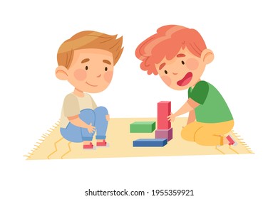 Cute Boys Sitting on the Floor and Playing Construction Toy in Kindergarden Vector Illustration