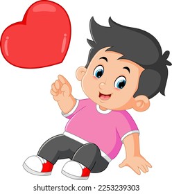 Cute boys are sitting and pointing at a red valentine heart of illustration