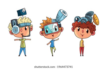 Cute Boys in Steampunk Headgear and Goggles Set, Scientist Children Doing Experiments Vector Illustration Isolated on White Background