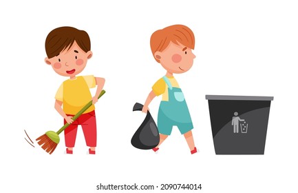 Cute Jungen, die den Boden fegen und Müll in die Mülltonne werfen. Kinder, die Eltern bei der Hausarbeit helfen, Hausarbeit, Cartoon, Vektorgrafik