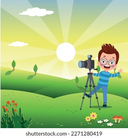 Cute boys taking photo using smartphone and camera cartoon vector illustration