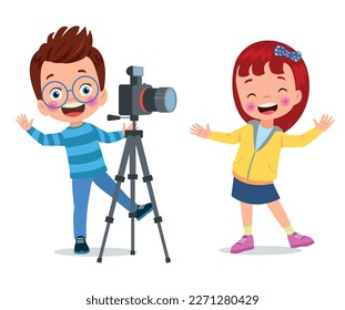 Cute boys taking photo using smartphone and camera cartoon vector illustration