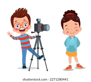 Cute boys taking photo using smartphone and camera cartoon vector illustration