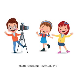 Cute boys taking photo using smartphone and camera cartoon vector illustration