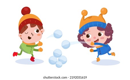 Cute boys throws snowballs. Winter holiday. Funny characters on white background. Vector illustration.