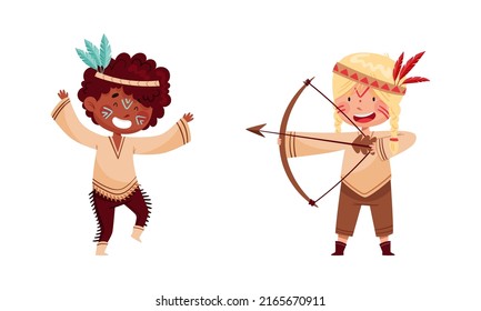 Cute boys wearing native Indian costume and feathered headdress playing American Indians set cartoon vector illustration