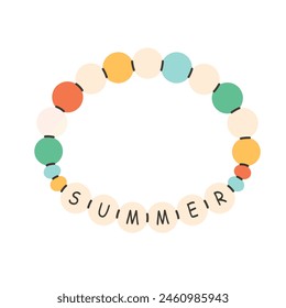 Pulsera linda con letras de verano. Pulsera hecha a mano con cuentas de colores. Ilustración vectorial en estilo plano