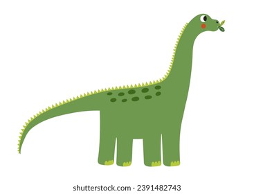 Cute brachiosaurus animal isolated on white background. Funny green dinosaur diplodocus eating leaves. Vector illustration