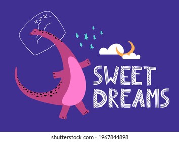 Cute brachiosaurus color flat vector character. Sleeping dinosaur. Jurassic reptile with lettering Sweet dreams. Isolated cartoon illustration for kids textile, book, t-shirt, poster