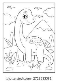 Página de coloração de dinossauro braquiossauro bonito para crianças. Feliz Desenho Animado com Dinossauro de Pescoço Longo em uma paisagem de montanha com pássaros.