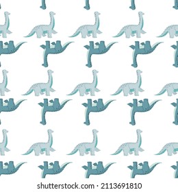 Cute brachiosaurus seamless pattern. Funny children dinosaur sketch. Repeated texture in doodle style for fabric, wrapping paper, wallpaper, tissue. Vector illustration.