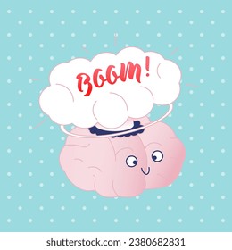 Cute Brain with blast cloud on Blue Background. Boom cloud. Modern Flat Vector Illustration. Train Your Brain. Social Media Template.