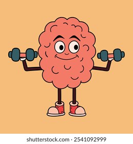 Un lindo personaje de dibujos animados del cerebro haciendo-mancuernas, mascota, divertido, gimnasio, fitness