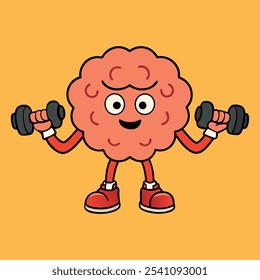 Un lindo personaje de dibujos animados del cerebro haciendo-mancuernas, mascota, divertido, gimnasio, fitness