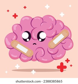 Cute brain cartoon character with injuries and bandages Vector