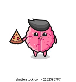 cute brain cartoon eating pizza , cute style design for t shirt, sticker, logo element