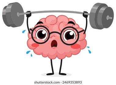 Cute brain cartoon lifting heavy weight, train your brain concept