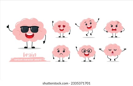 cute brain cartoon with many expressions. different activity pose vector illustration flat design set with sunglasses.