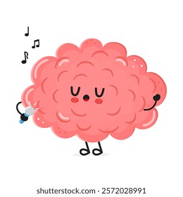 Cute Brain cartoon singing with microphone on white background