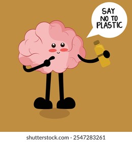 Cute brain character carrying a bottle and the words say no to plastic, Brain character design cute mascot character vector illustration brain mascot design, Glazed ecology stickers.