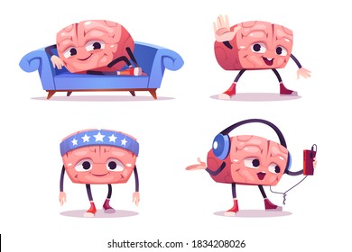 Cute brain character in different poses. Vector set of cartoon chat bot, funny human brain relax on sofa, sport training and listen music in headphones. Creative emoji set, smart mascot