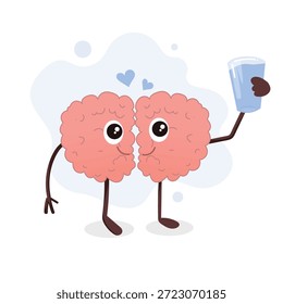 Cute carácter del cerebro bebiendo un vaso de agua para la hidratación y la salud mental