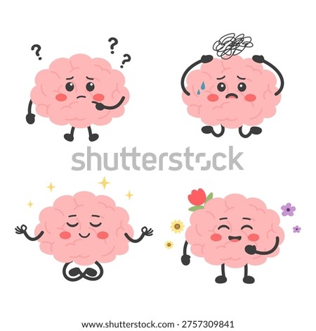 Cute brain character emotions set showing confusion, stress, meditation calmness, and happiness with flowers. Mental health, mindfulness, emotional wellbeing concept. Flat cartoon vector illustration set.
