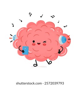 Cute brain character enjoying music with headphones and phone