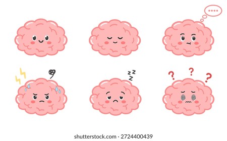 Cute brain character expressions set. Thinking, sleeping, confused, angry, tired, and dizzy emotions. Mental health, emotion, psychology, and brain activity concept. Modern cartoon vector illustration set.