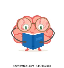 Cute brain character in glasses reads book. Vector illustration isolated on white background. EPS 10.