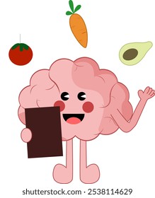 cute brain character healthy food, Nutrition therapy with healthy food and physical activity. Vector illustration in brain cartoon style, Cute Nutritionist Illustration
