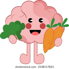 Carácter lindo del cerebro que sostiene la zanahoria y el brócoli. Merienda escolar, comida saludable, dieta vegetal, vitaminas para la salud. Vector plano braimn ilustración de stock